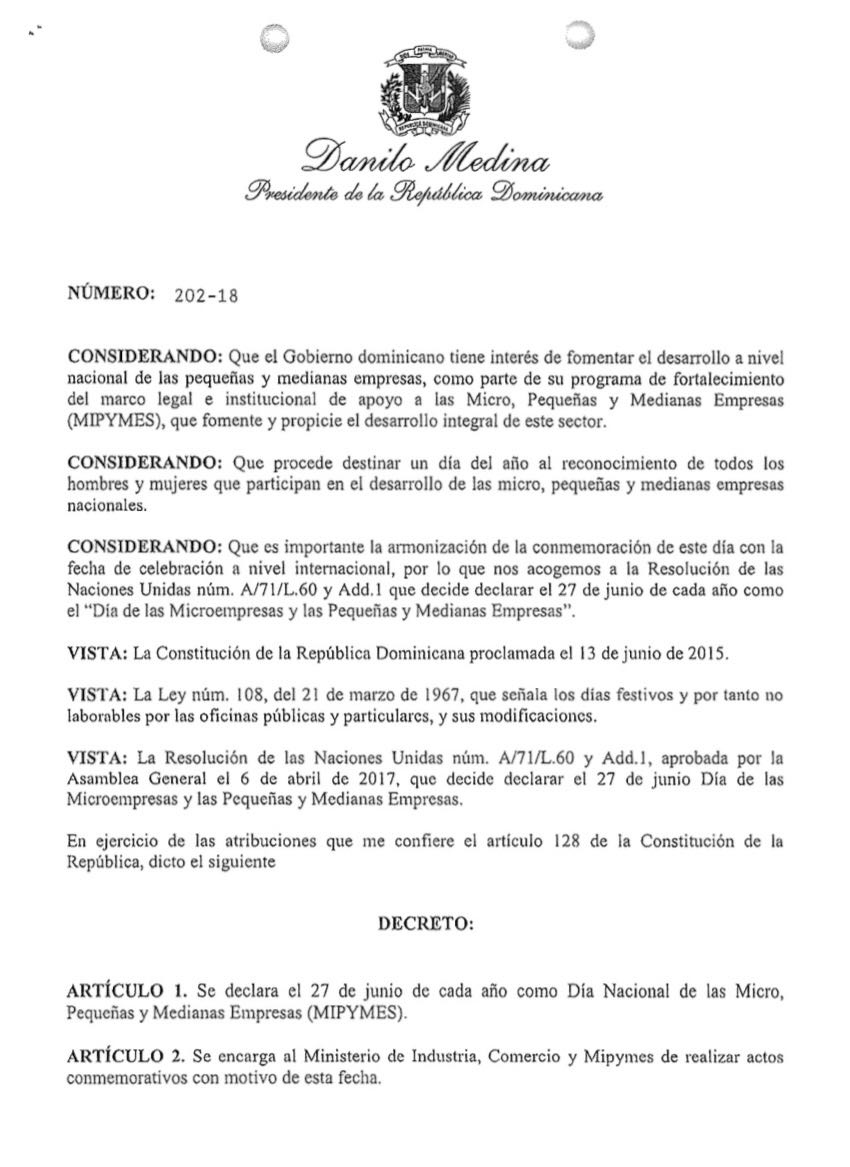 Presidente Danilo Medina declara el 27 de junio de cada año, Día de las Micro, Pequeñas y Medianas Empresas
