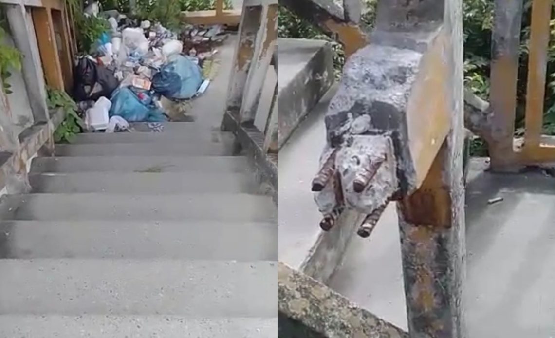 Casi colapsando y repleto de basura está el puente peatonal Los Molinos, San Cristóbal
