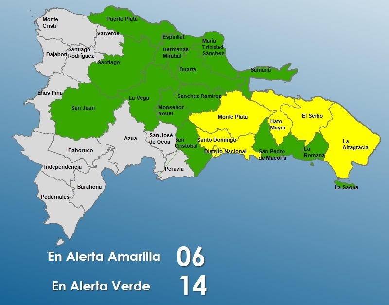 COE mantiene seis provincias en alerta amarilla y 14 en verde