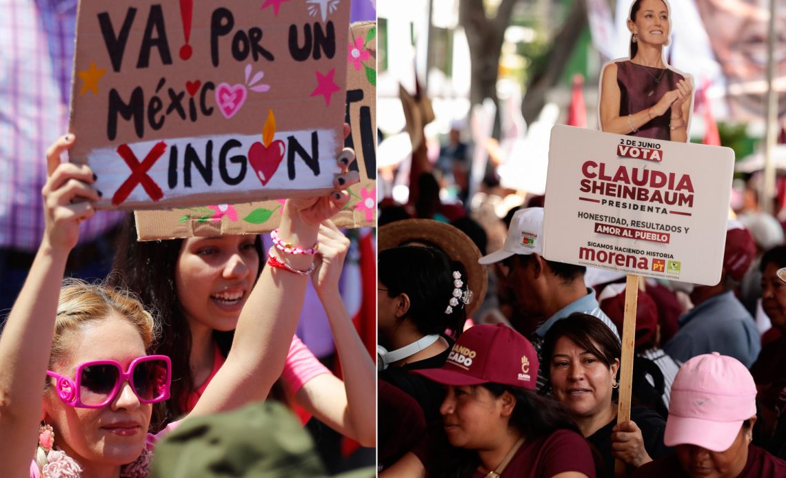 Combo de fotografías de archivo, donde se observa a mujeres simpatizantes de las candidatas a la presidencia de México, la opositora Xóchitl Gálvez (i), y la oficialista Claudia Sheinbaum (d), en diferentes actos políticos en México. EFE/Francisco Guasco/José Méndez