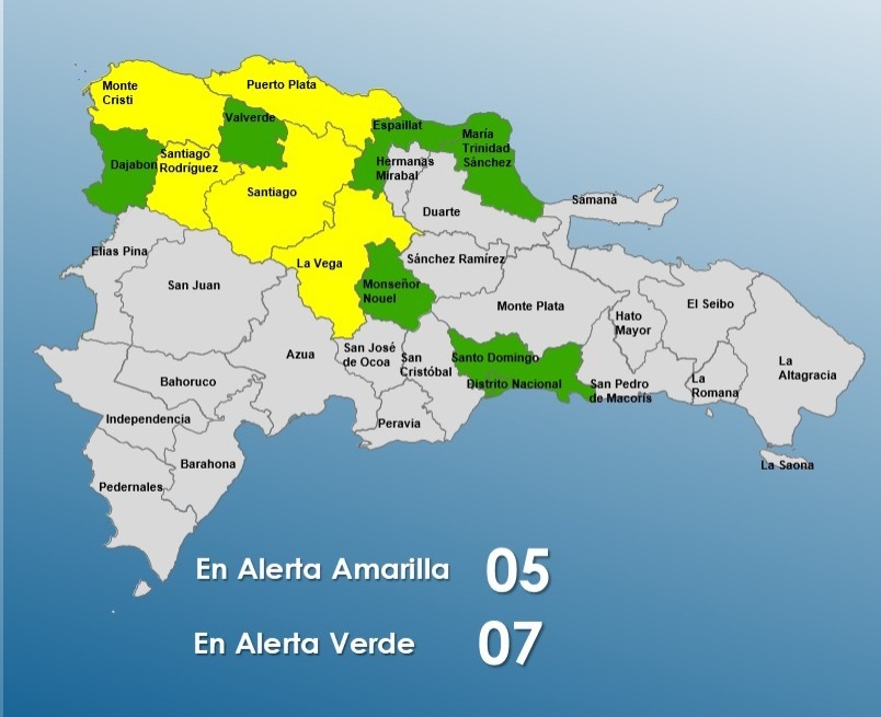 Cinco provincias en alerta amarilla por vaguada; 7 se mantienen en verde