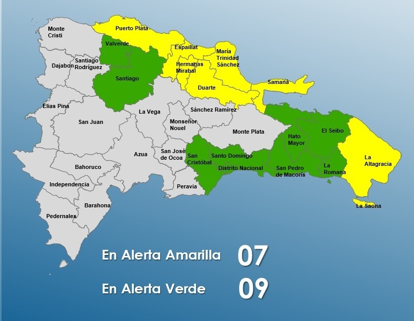 Emiten alerta amarilla para siete provincias por vaguada; 9 se mantienen en verde