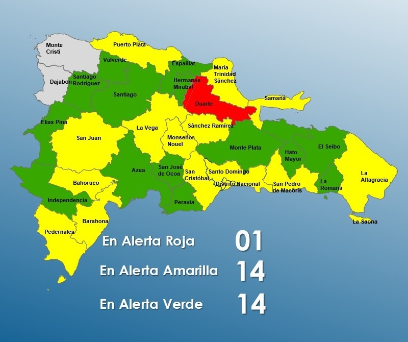 Disminuyen a 28 provincias y el DN en alertas por lluvias; Duarte permanece en Rojo